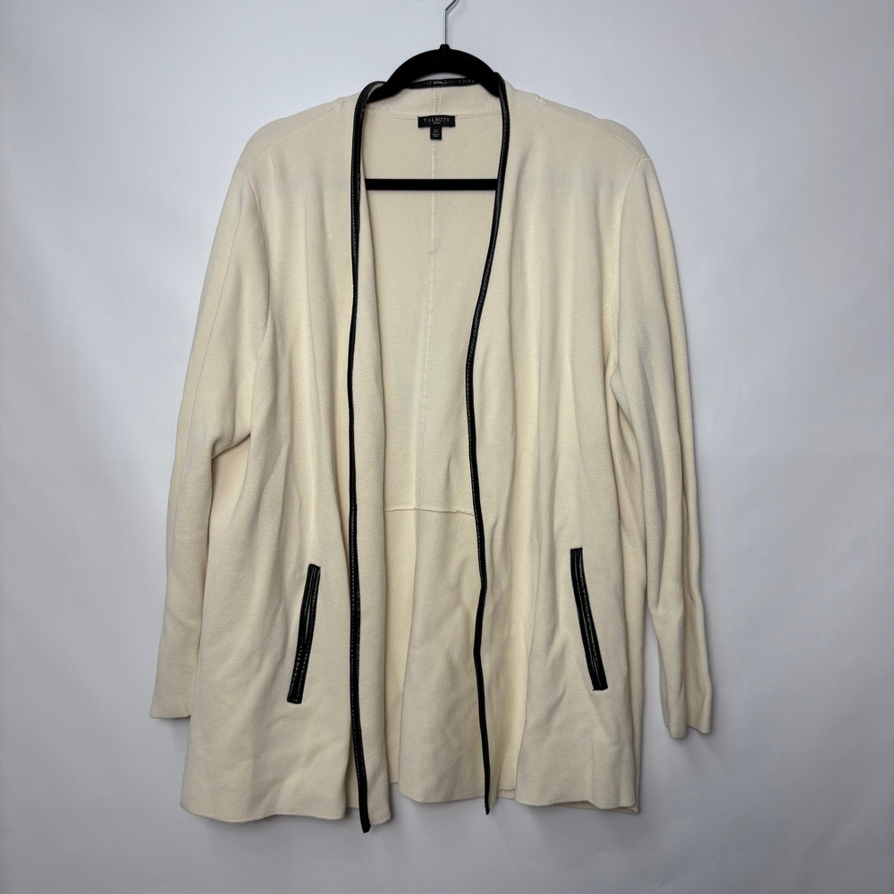 Talbots Woman 2X Cream Open Front Cardigan Black Faux Leather Trim Knit Jacket